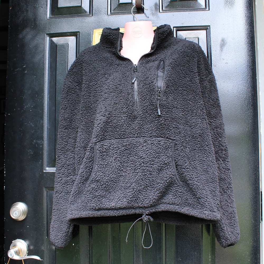 Black Fuzzy Zip Up Sweater- XL 15-17